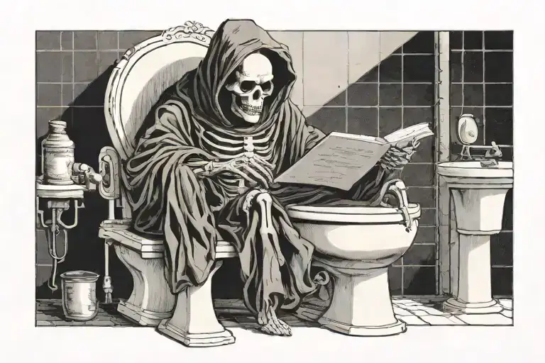 skeleton in a robe and hood sitting on a small  toilet reading a with the "procedure" on it in very large  print tattoo design idea