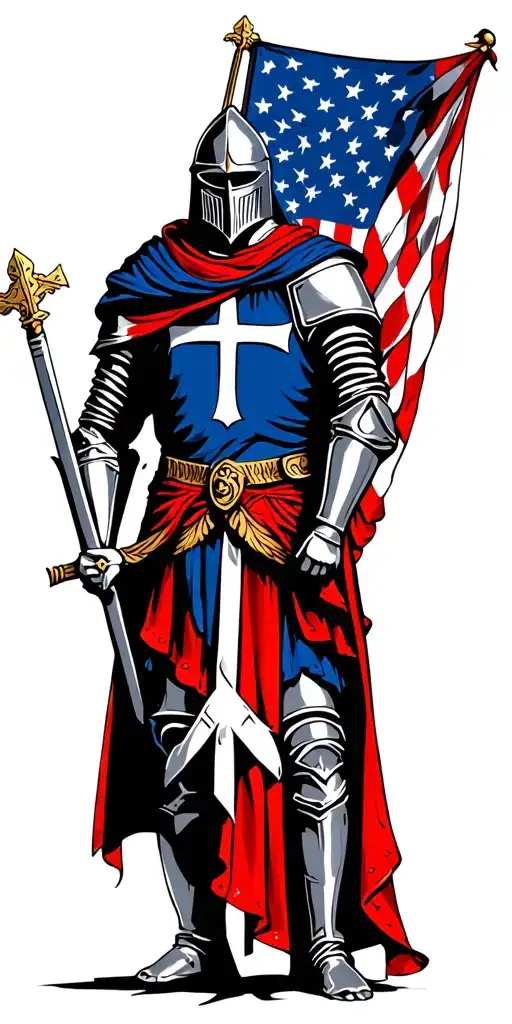 knight Templar with an American flag, Christianity tattoo design idea