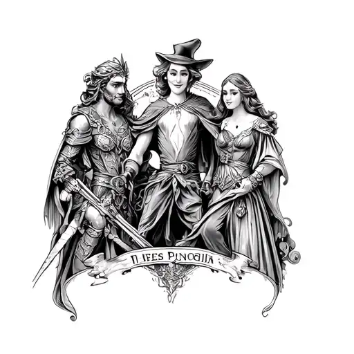 tattoo with Pinocchio (Lies of P) in the center, surrounded by Artorias, Gael, Malenia and lady maria tattoo design idea