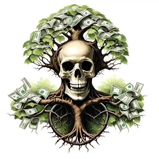 money is the root of all evil, skull tree of life intertwined tattoo design idea