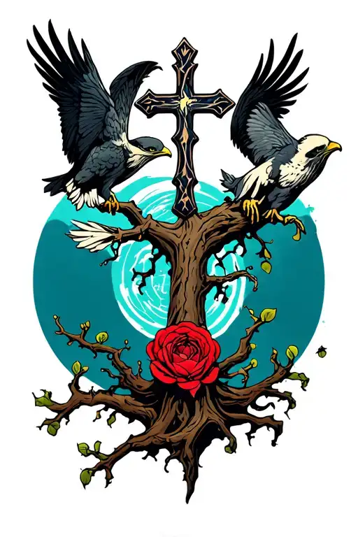 poison tree with a cross and seagles  tattoo design idea