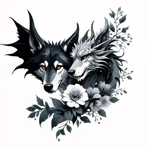 "Louane and ariane" Wolf and dragon with Flowers  tattoo design idea