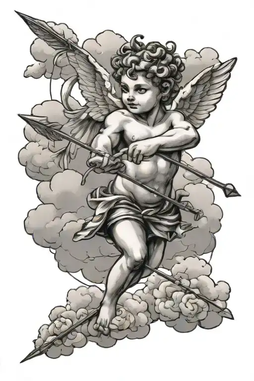 2x cupid shooting arrows, floating on clouds floating tattoo design idea