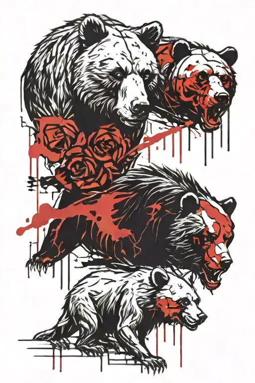 Three bears. The first one is cartoonish and kind. The second one is realistic and fierce. The third one is a dead gloomy skeleton. tattoo design idea