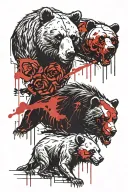 Three bears. The first one is cartoonish and kind. The second one is realistic and fierce. The third one is a dead gloomy skeleton. tattoo design idea