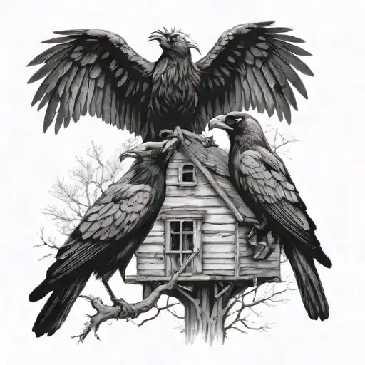 two black crows touching beaks above an abandoned house tattoo design idea