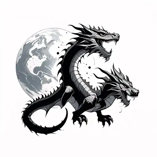 dragon travelling through earth arriving at heaven black and grey  tattoo design idea