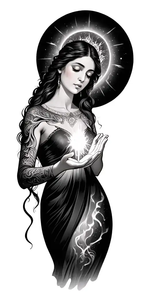 spirtual goddess holding energy in her hands holding tattoo design idea