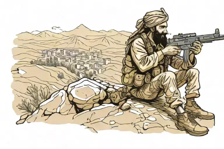 A Kurdish guerilla waiting at the top of the mountain with his gun and looking at the scenery tattoo design idea