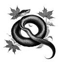 A japanese traditional style sleeve tattoo of snake that incorporates maple leaves, and has waves in the background. tattoo design idea