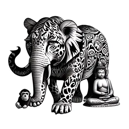 sri lankan leopard, elephant, monkey and buddha - all combined tattoo design idea