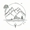 Incorporate engineering tools and symbols into the design of the Corsican island shape with sea, mountain, and forest elements tattoo design idea