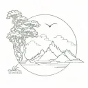 Incorporate engineering tools and symbols into the design of the Corsican island shape with sea, mountain, and forest elements tattoo design idea