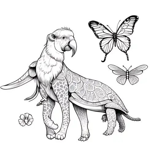 Macaw, lion, elephant, giraffe, dragonfly, toucan, butterfly, monkey, turtle, dolphin and symbol of biology tattoo design idea