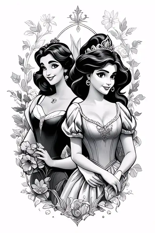 disney sidekick sleeve with Snow White, Cinderella, sleeping beauty, the little mermaid, beauty and the beast, Aladdin,  tattoo design idea