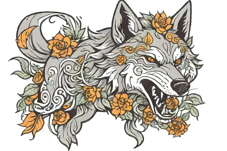 A wolf with a flower branch in its mouth open tattoo design idea
