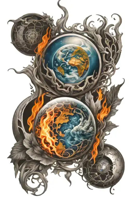 Fire earth and air elements intertwined tattoo design idea