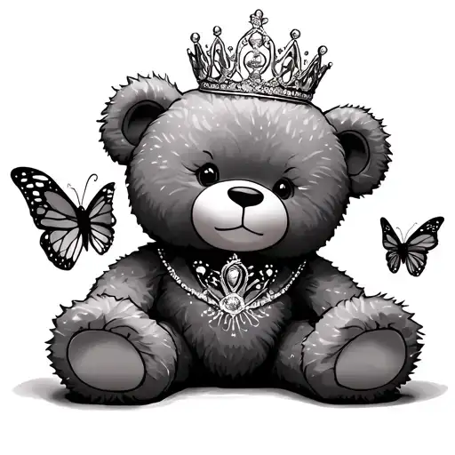 teddy bear holding princess tiara butterfly lighting tattoo design idea