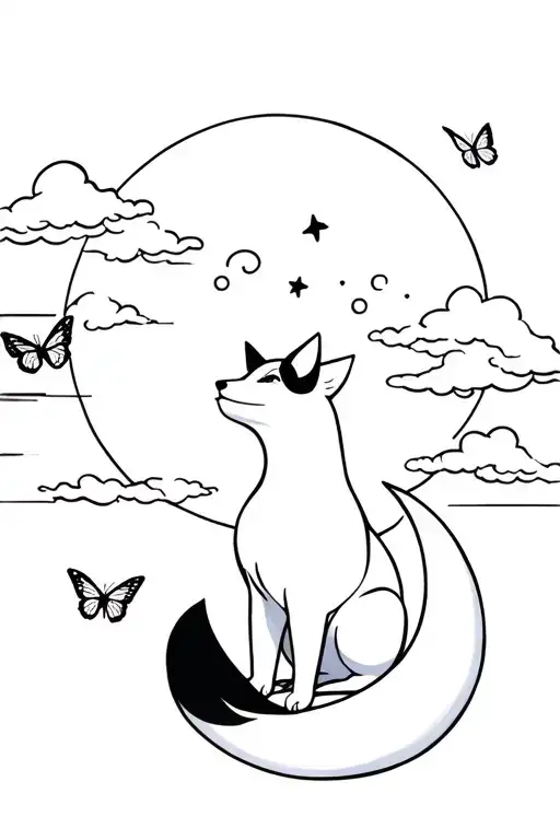 a kitsune sitting looking up At a crescsnt moon surrounded by japanese clouds and butterflies  tattoo design idea