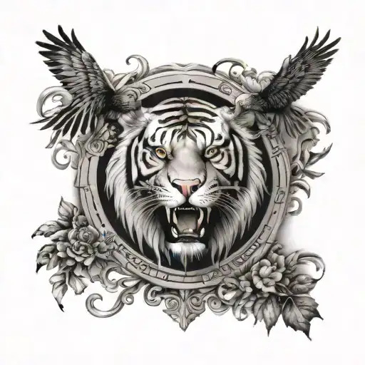 Design a tattoo for me from elbow to hand with one bird and an eagle, tiger face Versace logo and Tree of life tattoo design idea
