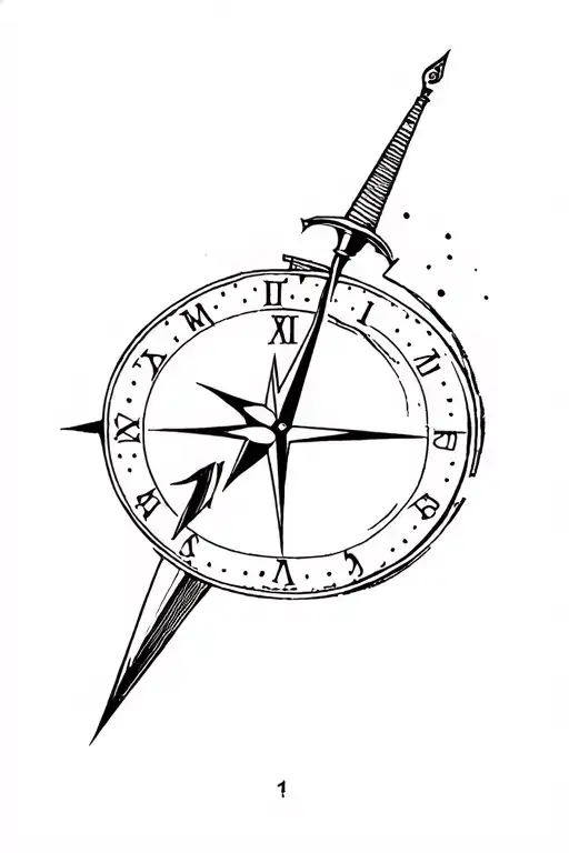 broken sword, clock with compass tattoo design idea