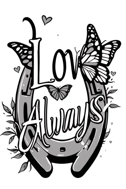 "love always" horseshoe with a butterfly flying tattoo design idea