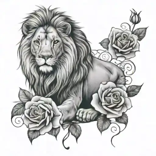 lion with three roses tattoo design idea