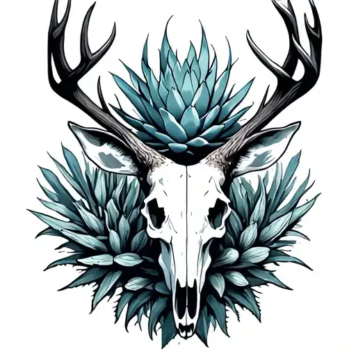 Blue agave with desert plants and deer skulls tattoo design idea