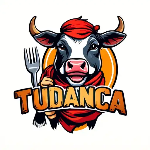Funny mascot logo,Tudanca cow smiling with horns, wearing a red scarf,holding a fork, rustic lettering that says TUDANCA tattoo design idea