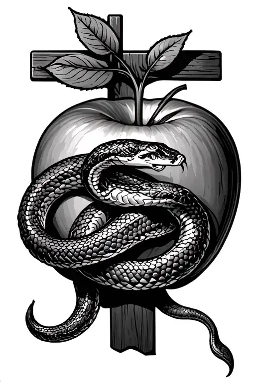 sin is forgiven, snake, crucified apple tattoo design idea