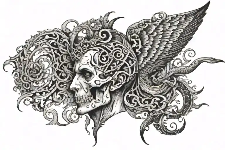 a very elaborate tattoo covering the entire upper body, with the exception of the head. The theme of the tattoo is myths tattoo design idea