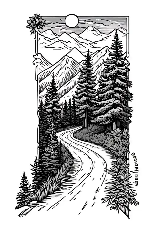 road with trees around it and mountains  tattoo design idea