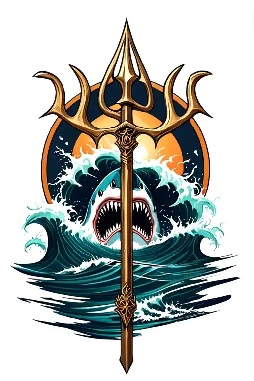 Poseidons Trident With Waves crashing and shark swimming tattoo design idea