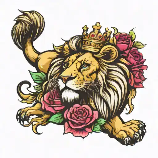 lion and royal crown surrounded by bold flowers half sleeve tattoo design idea