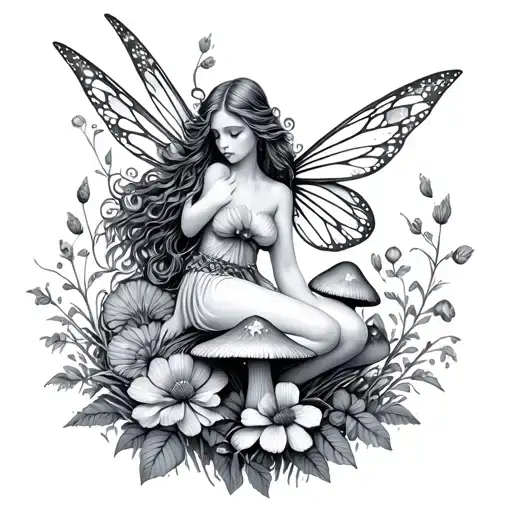 fairy on bundle of flowers and mushrooms tattoo design idea