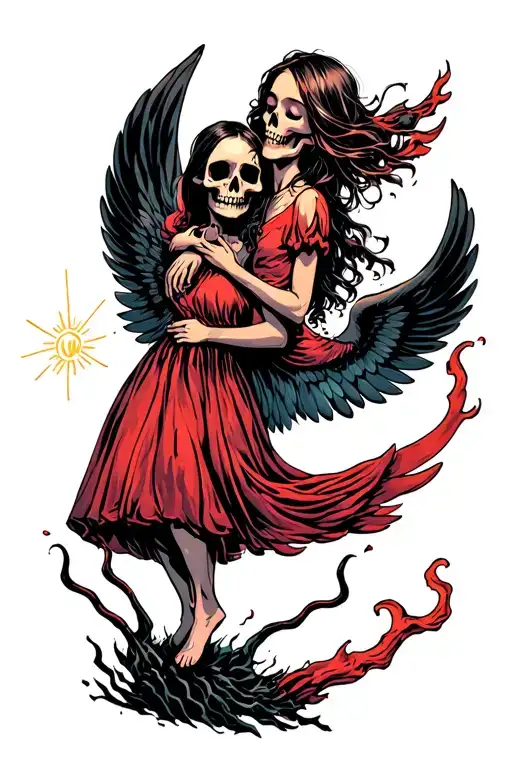 skull with wings carrying a girl up into a sky of bright happiness away from a demon filled hell down below tattoo design idea