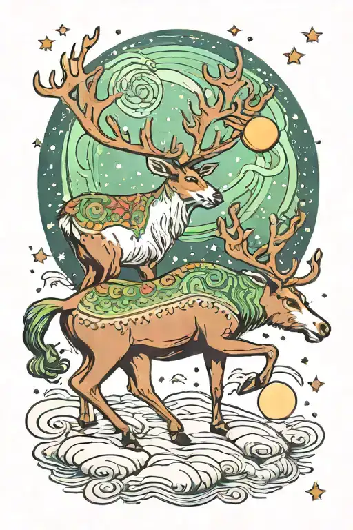 Reindeer beneath a starry sky with two moons barely overlapping, a smaller green moon and a larger white moon on shoulde tattoo design idea
