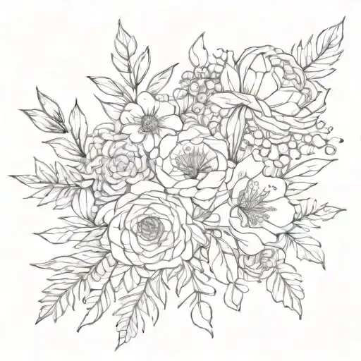 november, january, april birth flower bouquet wrapped fine line  tattoo design idea
