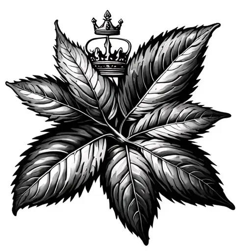 Mint leaf with a small crown above it, fine line, minimalist, black and white tattoo design.  tattoo design idea