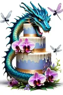 A dragon wrapped around a towering cake, with orchids and dragonflies flying around it tattoo design idea
