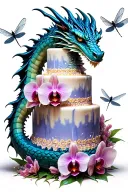 A dragon wrapped around a towering cake, with orchids and dragonflies flying around it tattoo design idea