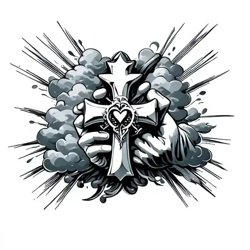 hand holding a chrome hearts cross surrounded by clouds  tattoo design idea