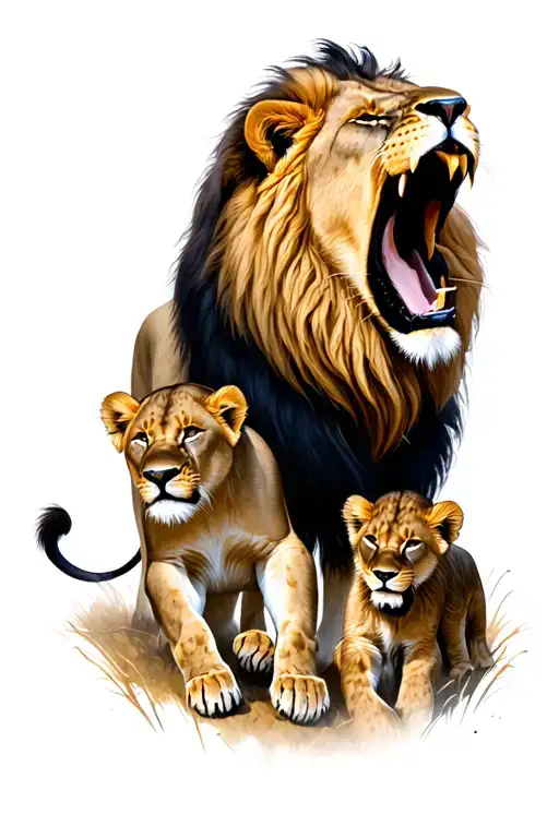 lion roaring with lioness protecting her cubs tattoo design idea
