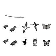 turtle, duck, dragonfly, hummingbird, cat, goldretriever, butterfly in a line down my spine. around 1.5cm each tattoo design idea
