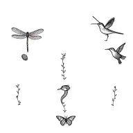 turtle, duck, dragonfly, hummingbird, cat, goldretriever, butterfly in a line down my spine. around 1.5cm each tattoo design idea