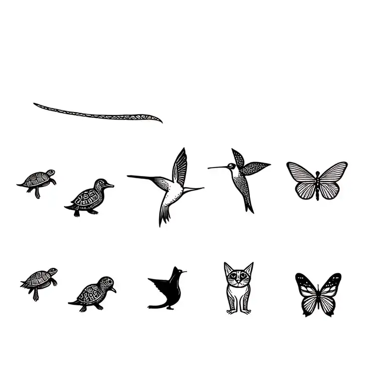 turtle, duck, dragonfly, hummingbird, cat, goldretriever, butterfly in a line down my spine. around 1.5cm each tattoo design idea