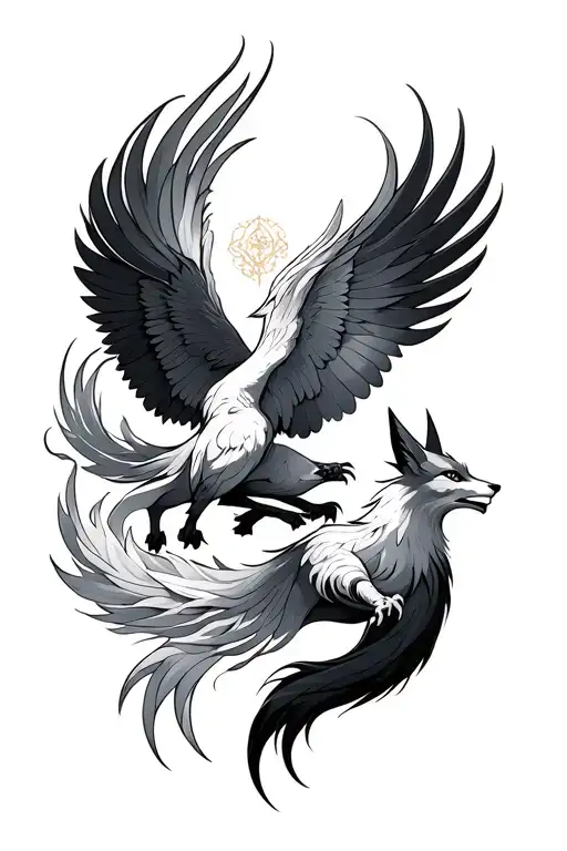nine tailed fox and phoenix soaring tattoo design idea