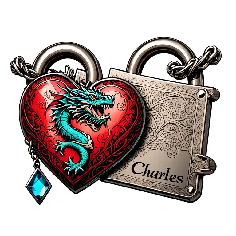 red and blue heart shaped lock with dragon engraved on it. dog tag hanging with the name Charles. 6 gems on lock bar tattoo design idea