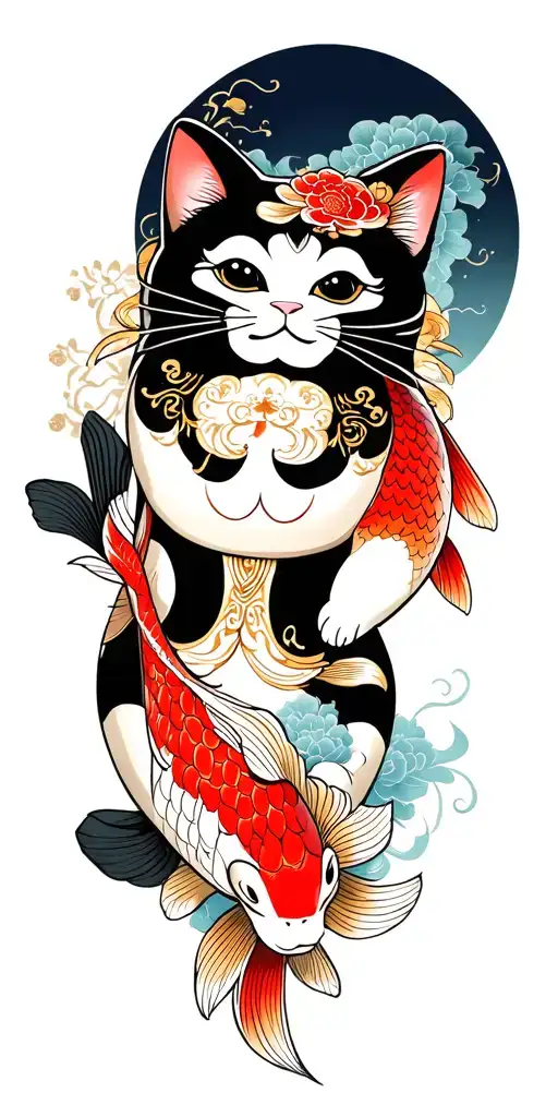 one maneki neko and one koi fish tattoo design idea