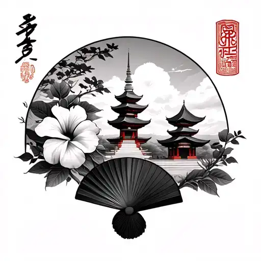 Fan with a Korean temple and the Namsan Tower (Seoul Tour), hibiscus flowers and Korean knot tattoo design idea
